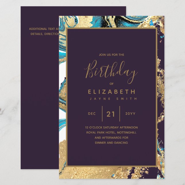 Lámina Invitación de cumpleaños de oro turquesa Verde azu (Anverso / Reverso)