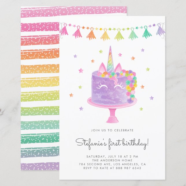 Lámina Invitación de cumpleaños de pastel de unicornio co (Anverso / Reverso)