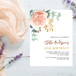 Lámina invitación de cumpleaños de presupuesto floral de<br><div class="desc">Un fondo blanco moda. Decorada con un gran oro rosa y florido rosado, flor rosa y hojas de eucalipto de color verde acuático, espirales, vegetación y una falsa espiral de oro. Personalice y agregue su nombre y detalles del fiesta. Atrás: color de fondo verde sabio. 1 hoja = 1 borde...</div>