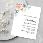 Lámina invitación de cumpleaños de presupuesto floral de<br><div class="desc">Un fondo blanco moda. Decorada con rosa de oro y floral rosa, flor rosa y hojas de eucalipto de color verde acuático, brotes, vegetación y una falsa primavera dorada. Personalice y agregue su nombre y detalles del fiesta. Atrás: color de fondo dorado rosa. 1 hoja = 1 borde impreso de...</div>