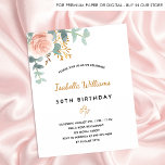 Lámina invitación de cumpleaños de presupuesto para eucal<br><div class="desc">Una elegante invitación para una fiesta de cumpleaños número 50 (o cualquier edad). Un fondo blanco moda. Decorada con una flor rosa de color oro rosa y rosa y rosa, con hojas de eucalipto verdes, florales, verdes, escarabajos, vegetación y una falsa primavera dorada. Personalizar y el nombre y los detalles...</div>