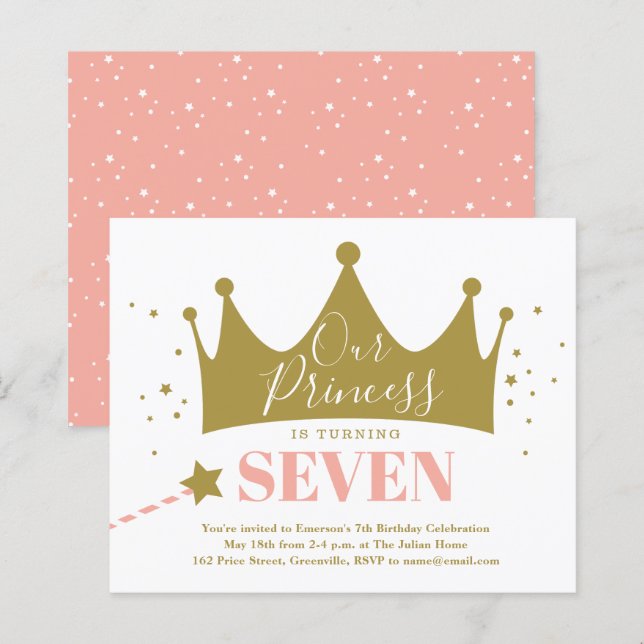 Lámina Invitación de cumpleaños de princesa rosa para niñ (Anverso / Reverso)