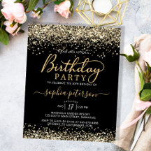Invitación de cumpleaños de Purpurina de oro y neg