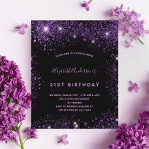 Invitación de cumpleaños de purpurina morado negro