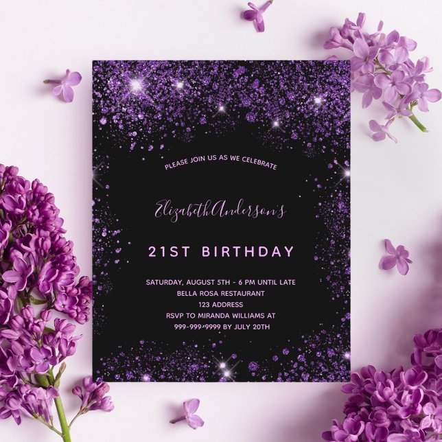 Lámina Invitación de cumpleaños de purpurina morado negro (Subido por el creador)