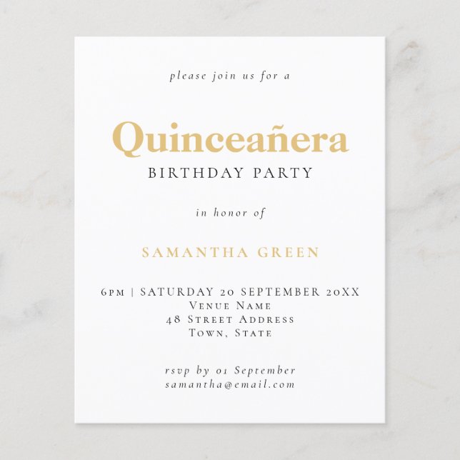 Lámina Invitación de cumpleaños de Quinceañera Gold Black (Anverso)