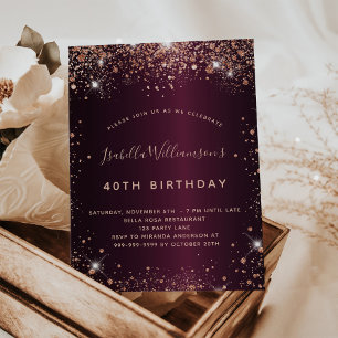 Lámina Invitación de cumpleaños de rosa oro de Borgoña