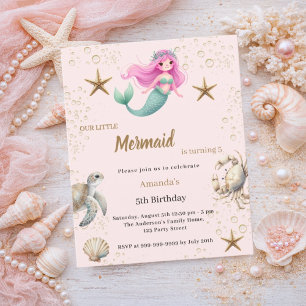 Lámina Invitación de cumpleaños de sirena bajo el mar niñ