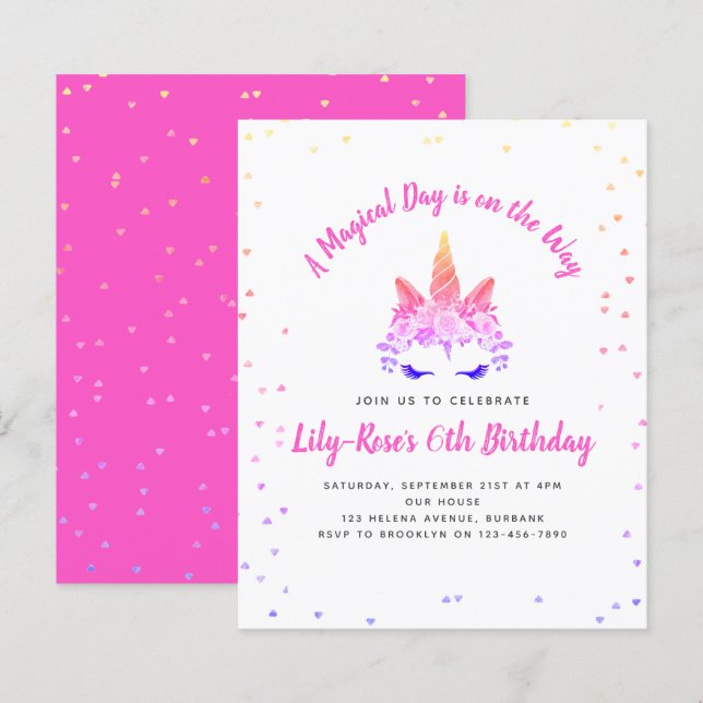 Lámina Invitación de cumpleaños de Unicornio floral de BU (Anverso / Reverso)