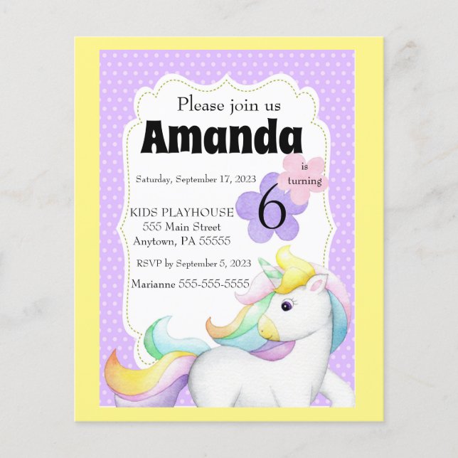 Lámina Invitación de cumpleaños de unicornio para chicas (Anverso)