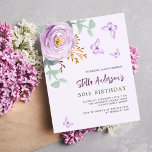 Lámina Invitación de cumpleaños de Violet rosa mariposa<br><div class="desc">Un fondo suave de color lila. Decorada con una vegetación de eucaliptos y mariposas de color lila y violeta y color agua verde. Personalice y agregue su nombre y detalles del fiesta. 1 hoja = 1 borde impreso de invitación al borde.</div>