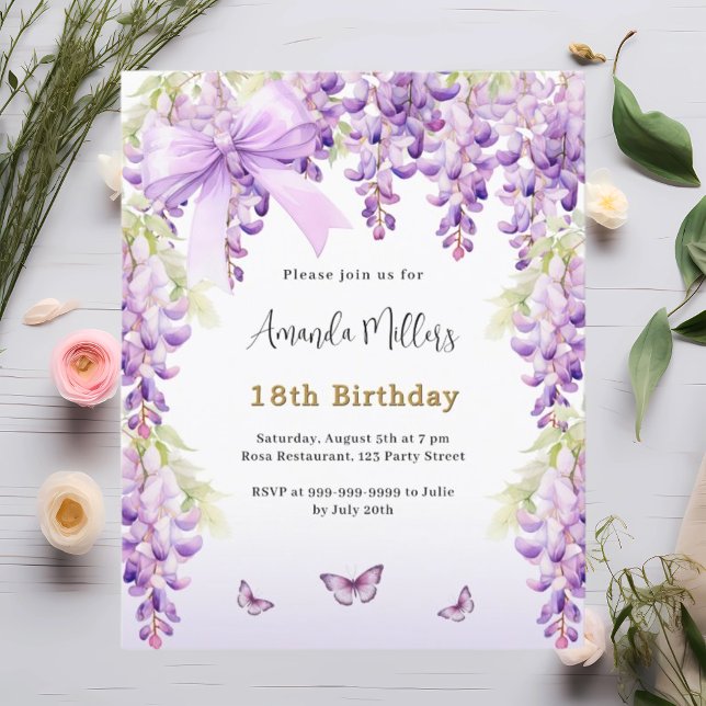 Lámina Invitación de cumpleaños de Wisteria Morple Butfly (Subido por el creador)