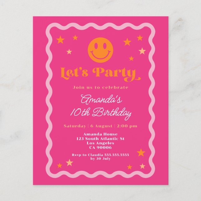 Lámina Invitación de cumpleaños del Chica Naranja rosa de (Anverso)