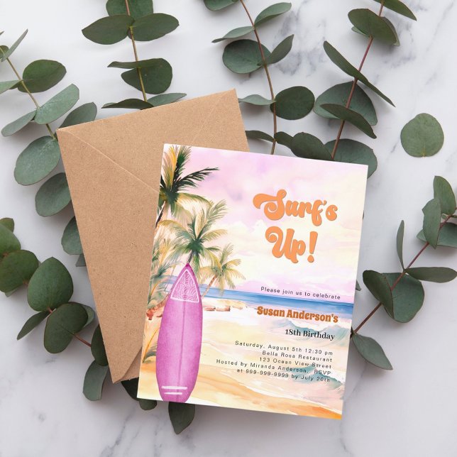 Lámina Invitación de cumpleaños del chica Surf's up beach (Subido por el creador)