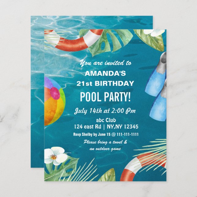 Lámina Invitación de cumpleaños del Fiesta de la Piscina  (Anverso / Reverso)
