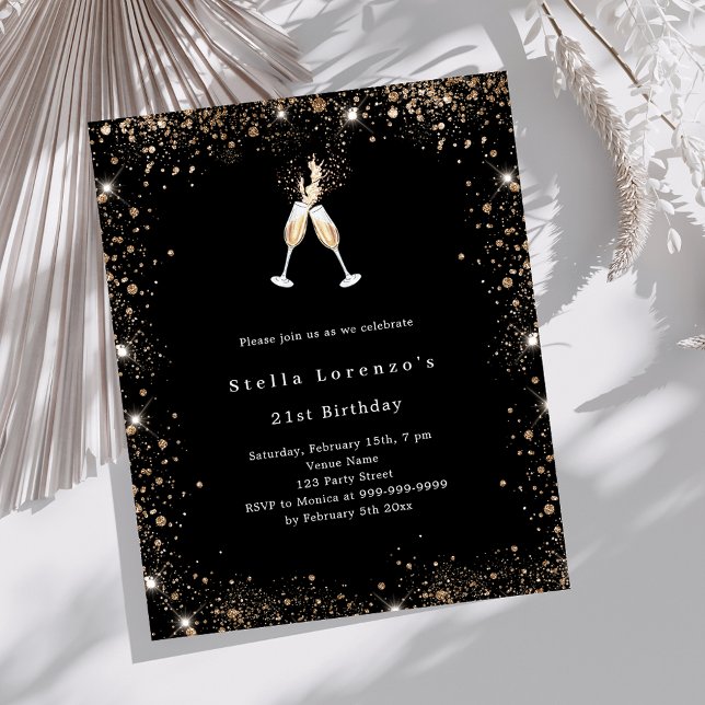 Lámina Invitación de cumpleaños del purpurina de oro negr (Subido por el creador)