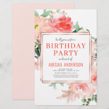 Invitación de cumpleaños floral de coral económico
