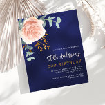 Lámina Invitación de cumpleaños floral de oro rosa azul<br><div class="desc">Un fondo azul marino. El color azul es desigual. Decorada con un gran oro rosa y florido rosado, flor rosa y hojas de eucalipto de color verde acuático, espirales, vegetación y una falsa espiral de oro. Personalice y agregue su nombre y detalles del fiesta. 1 hoja = 1 borde impreso...</div>