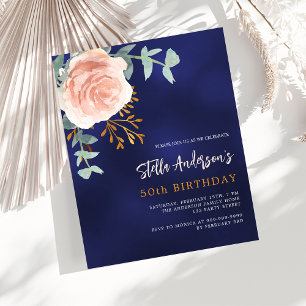 Lámina Invitación de cumpleaños floral de oro rosa azul