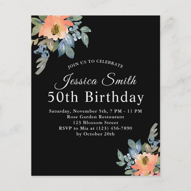 Lámina Invitación de cumpleaños floral de Peachy Blue Wat (Anverso)