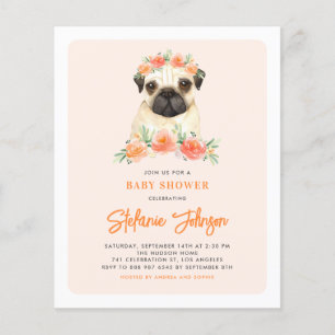 Lámina Invitación de cumpleaños floral de Watercolor Pug 