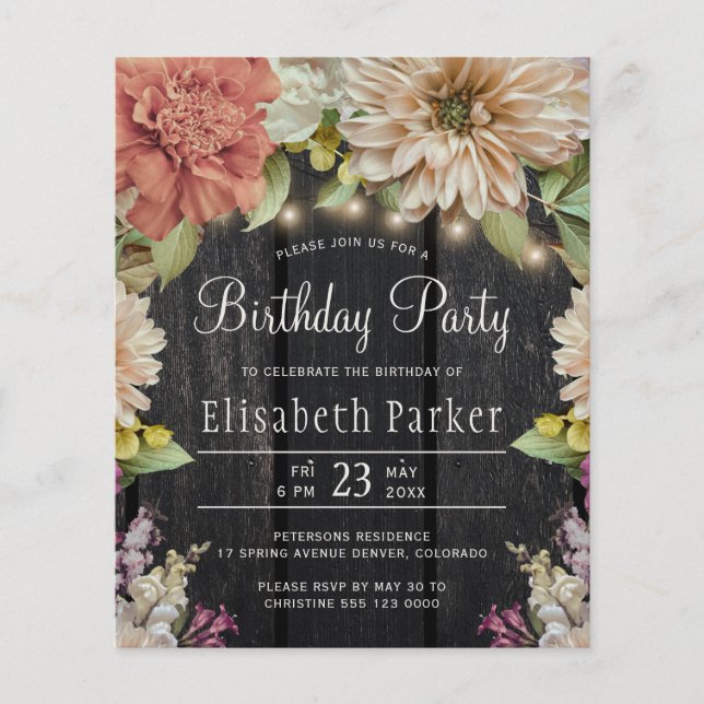 Lámina Invitación de cumpleaños floral rústica económica (Anverso)