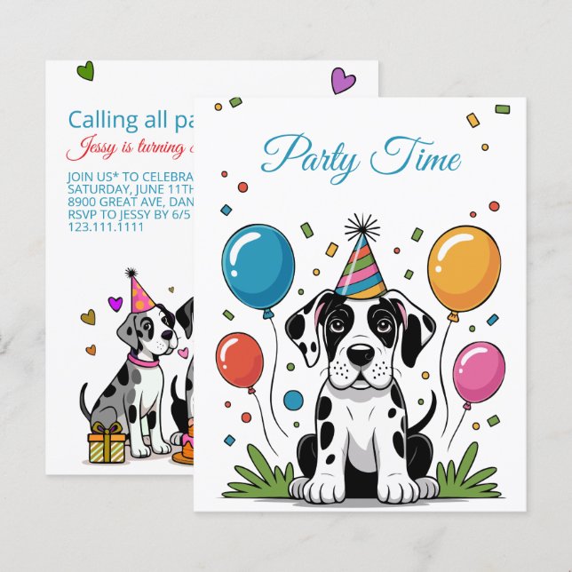 Lámina Invitación de cumpleaños infantil Gran Danés cacho (Anverso / Reverso)