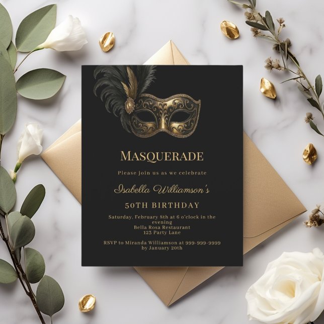 Lámina Invitación de cumpleaños Masquerade de oro negro (Subido por el creador)