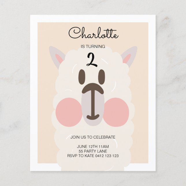 Lámina Invitación de cumpleaños moderna de Llama Cuta de  (Anverso)