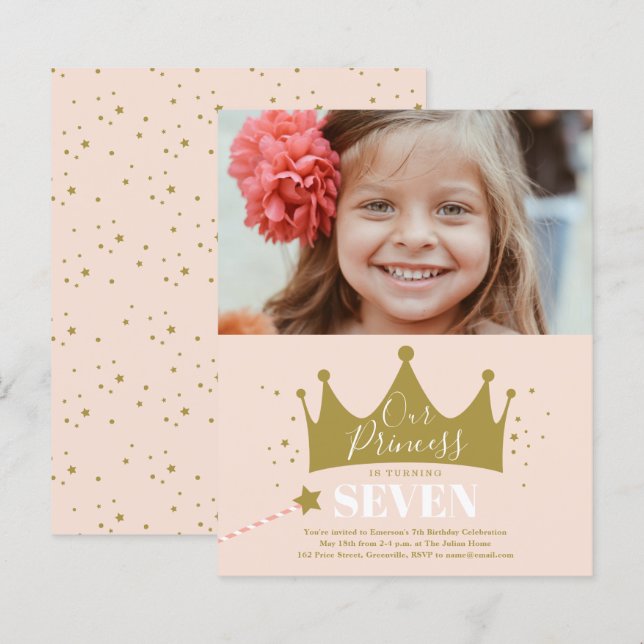 Lámina Invitación de cumpleaños moderna princesa rosa Pre (Anverso / Reverso)