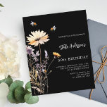 Lámina Invitación de cumpleaños morado amarillo negro de<br><div class="desc">Un fondo negro. Decorado con abejas y flores silvestres pintadas en violeta y rosa. Personalice y agregue un nombre y detalles del fiesta. Texto blanco. 1 hoja = 1 borde impreso de invitación al borde.</div>