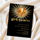 Lámina Invitación de cumpleaños negro de fiesta disco<br><div class="desc">Una invitación de fiesta 50 (o de cualquier edad). Un fondo negro decorado con una bola de oro de la discoteca. Texto: ¡Vamos Fiesta! Personalice y agregue un nombre y detalles del fiesta. El nombre se escribe con un guión de estilo con letras a mano. 1 hoja = 1 borde...</div>