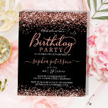 Lámina Invitación de cumpleaños negro de Rosa de presupue<br><div class="desc">Purpurina De Aniversario Negro De Esparkle De Oro Rosa Rosa De Estilo Presupuestario. Esta elegante y barata plantilla de invitación de cumpleaños femenina adulta de cualquier edad, con una moderna caligrafía de tipo de letra de cola de cruz con letras a mano, con bordes de purpurina dorado rosa rosado sobre...</div>