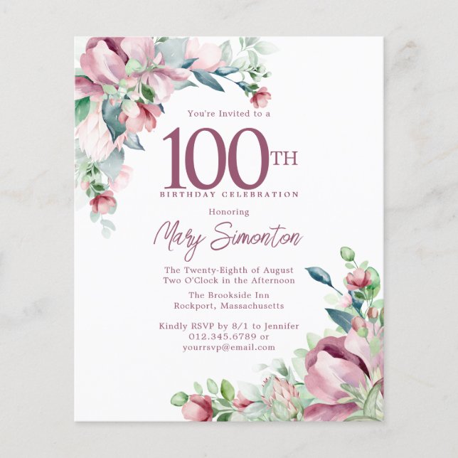 Lámina Invitación de cumpleaños número 100 con flores ros (Anverso)