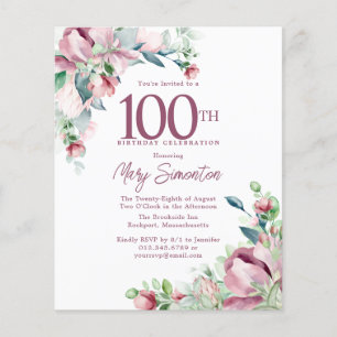 Lámina Invitación de cumpleaños número 100 con flores ros