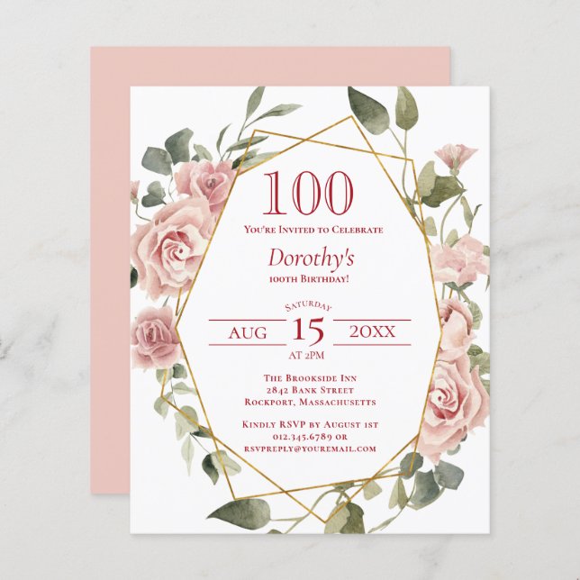 Lámina Invitación de cumpleaños número 100 de Budget Pink (Anverso / Reverso)
