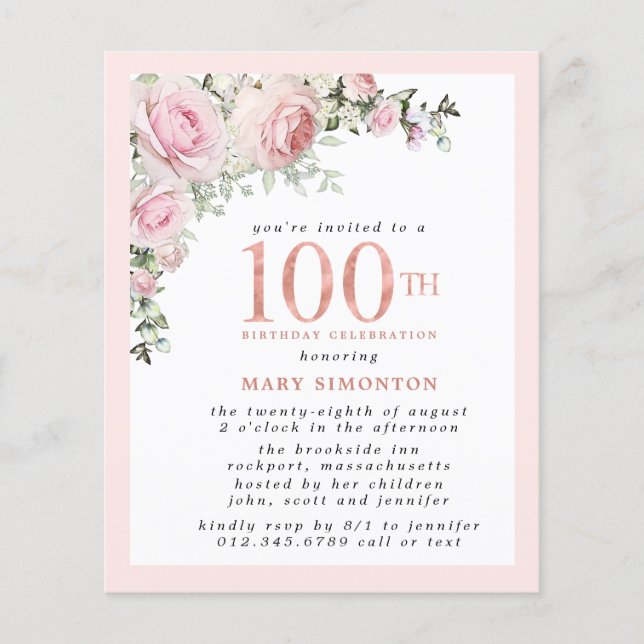 Lámina Invitación de cumpleaños número 100 de BUDGET Pink (Anverso)