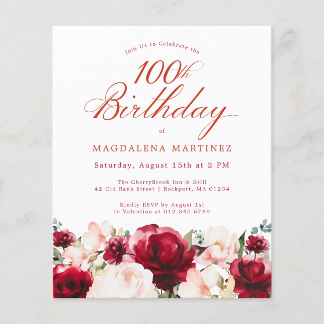 Lámina Invitación de cumpleaños número 100 de Budget Pink (Anverso)