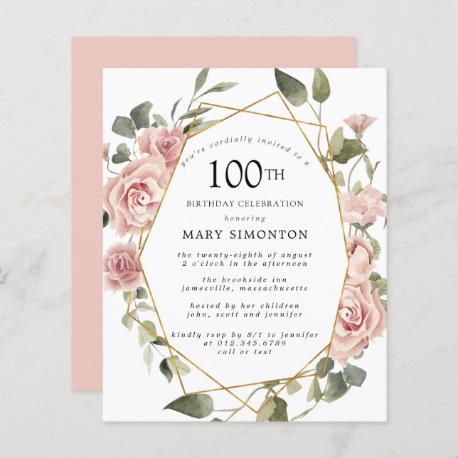 Lámina Invitación de cumpleaños número 100 de Budget Pink (Anverso / Reverso)
