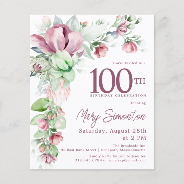 Lámina Invitación de cumpleaños número 100 de Budget Pink (Anverso)