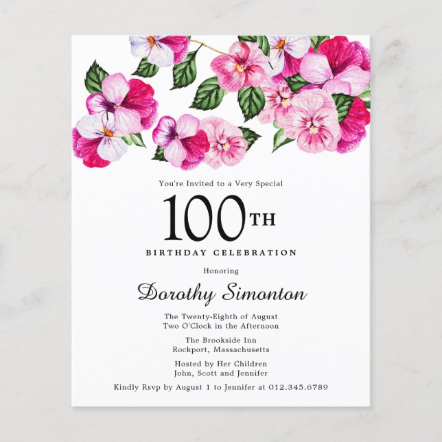 Lámina Invitación de cumpleaños número 100 de Budget Pink (Anverso)