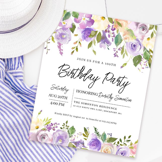Lámina Invitación de cumpleaños número 100 de Budget Purp (Coordinating welcome signs and party supplies available. Message me for help finding them!)