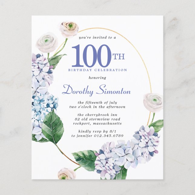 Lámina Invitación de cumpleaños número 100 de Hortensia R (Anverso)