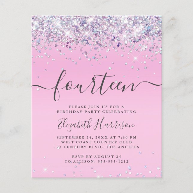 Lámina Invitación de cumpleaños número 14 con brillo econ (Anverso)