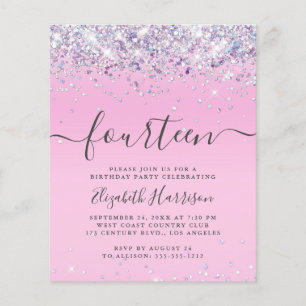 Lámina Invitación de cumpleaños número 14 con brillo econ