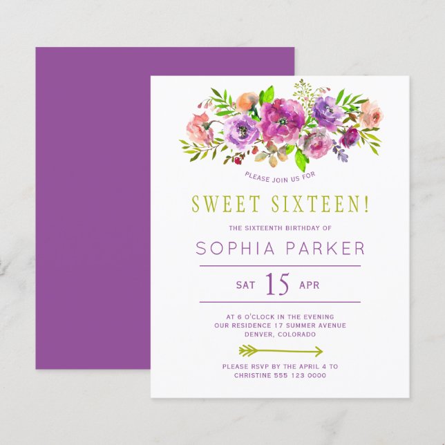 Lámina Invitación de cumpleaños número 16 dulce con flore (Anverso / Reverso)