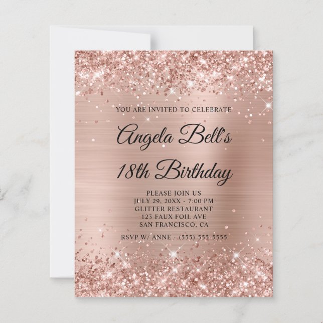 Lámina Invitación de cumpleaños número 18 de rosa oro con (Anverso)