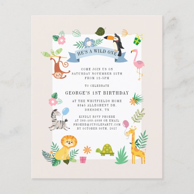 Lámina Invitación de cumpleaños número 1 de animales del  (Anverso)