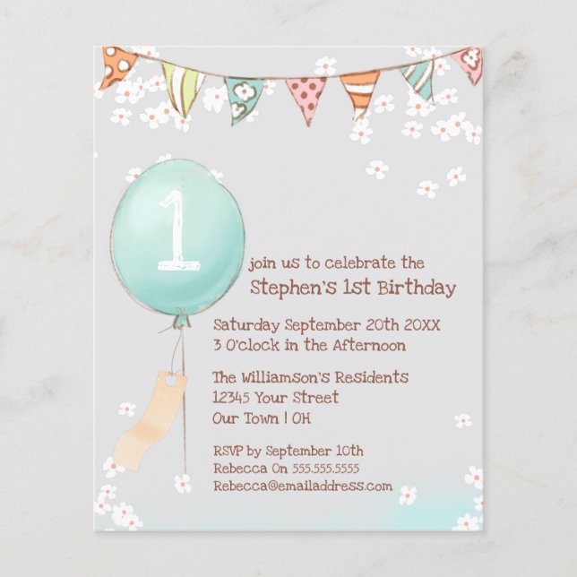 Lámina Invitación de Cumpleaños número 1 de Bebés Globo c (Anverso)