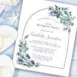 Lámina Invitación de cumpleaños número 21 de Budget Dusty<br><div class="desc">Las peonías azules y flores silvestres agitadas decoran una invitación de cumpleaños bonito. La caligrafía moderna y el arco se añaden al Boho Vibe.</div>